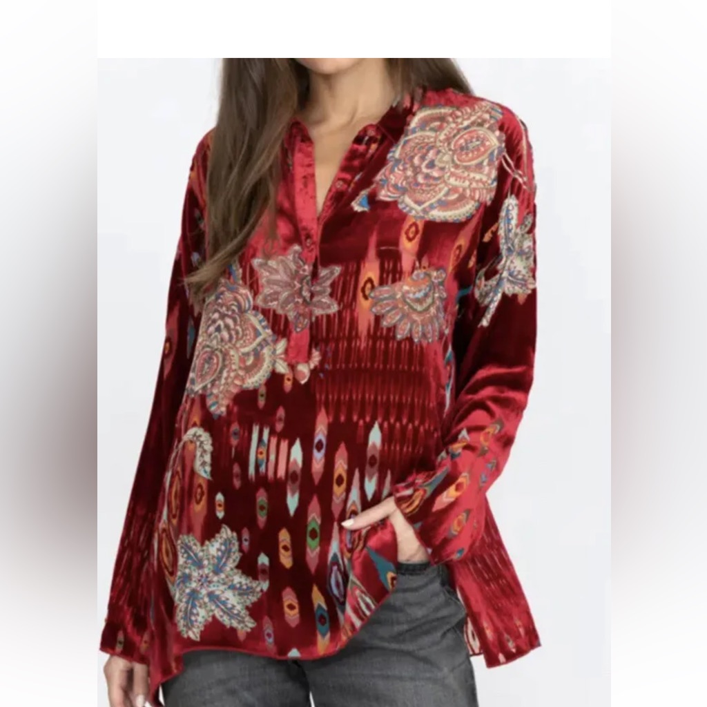 Johnny Was Silk Velvet Feather Burnout Mara Blouse Top Shirt Xxl Msrp $275 New